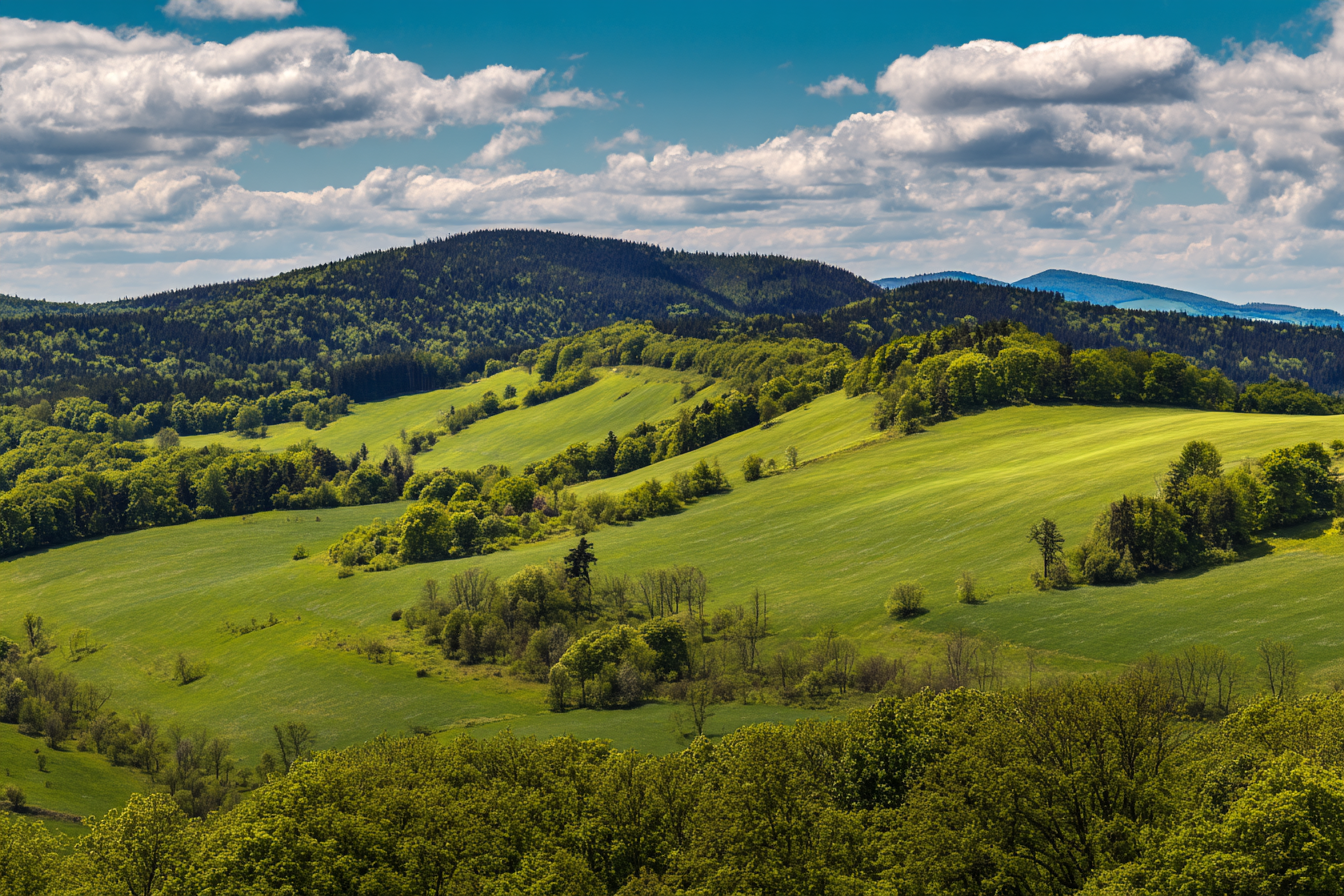 Naturalny krajobraz zielonych wzgórz i lasów jako symbol dbałości o środowisko.