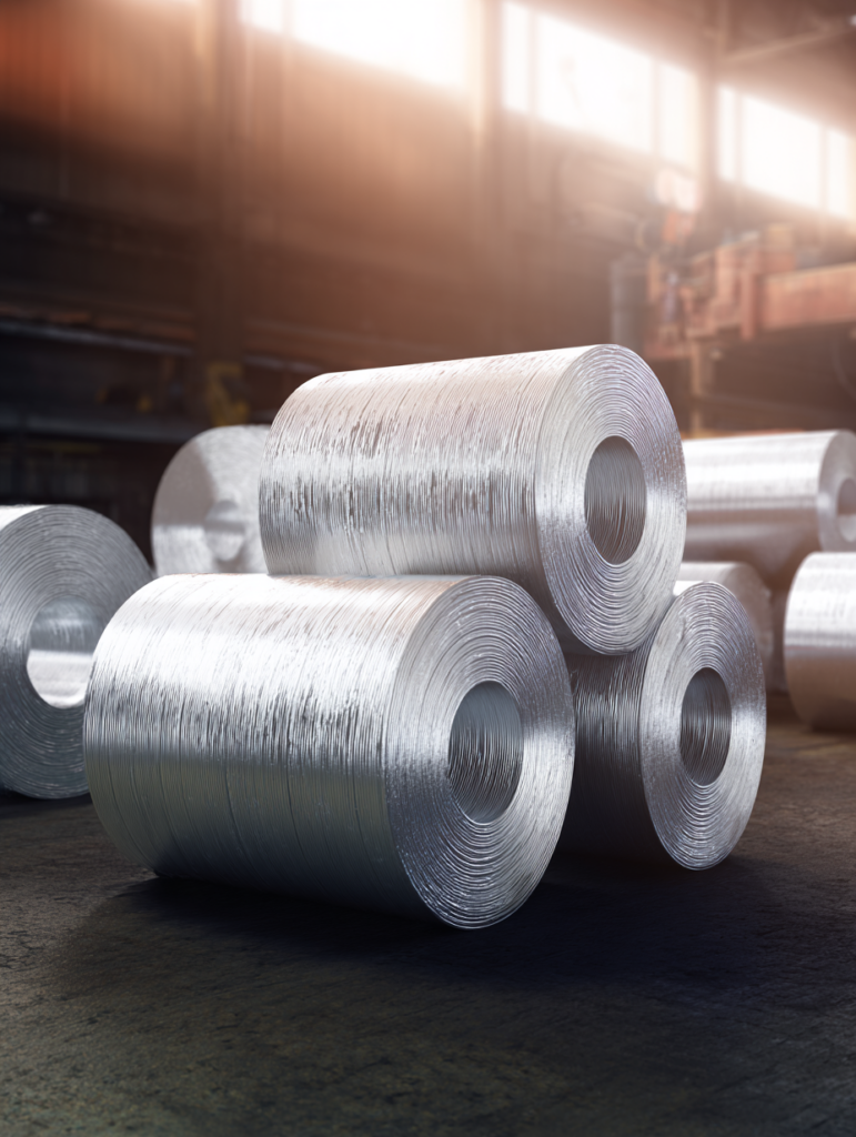 Kręgi stali przygotowane do dalszego przetwarzania w obiegu recyklingu metali.