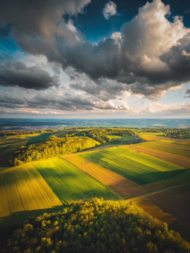 Krajobraz rolniczy i naturalny symbolizujący ograniczenie emisji i zrównoważony rozwój przemysłu.