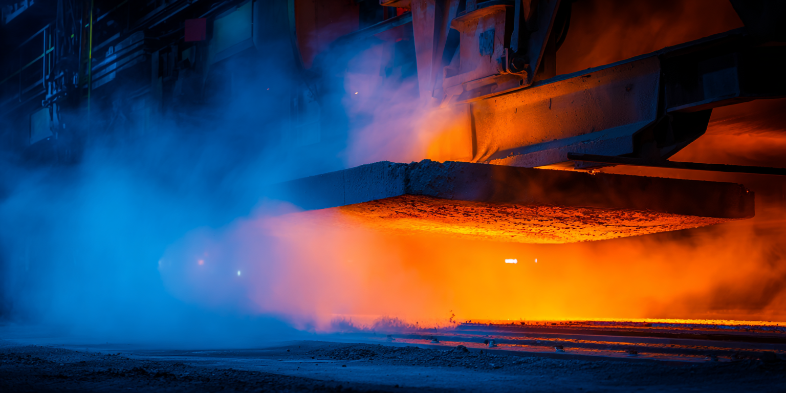 Przemysłowa obróbka rozżarzonej stali w otoczeniu pary i dymu.