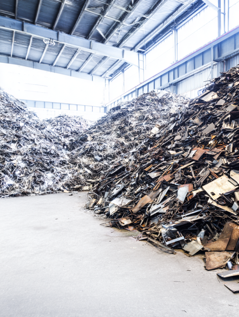 Złom metalowy składowany w hali przemysłowej przed segregacją i odzyskiem.